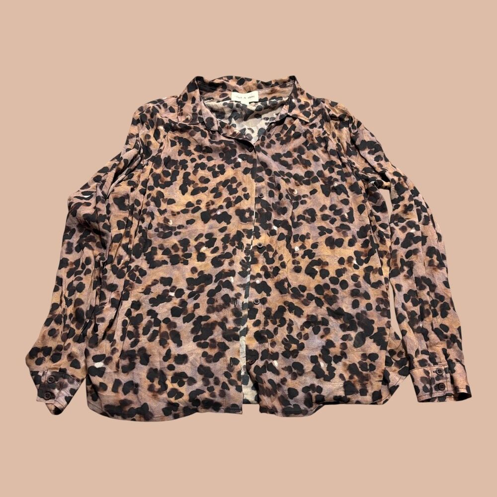 Cloth & Stone Blouse Womens Size Medium Leopard Animal Print Brown Button Up